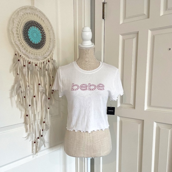 Bebe NWT Y2K White Logo Pink Stone Ribbed Scoop Neck Crop Top, Size S - Picture 1 of 13